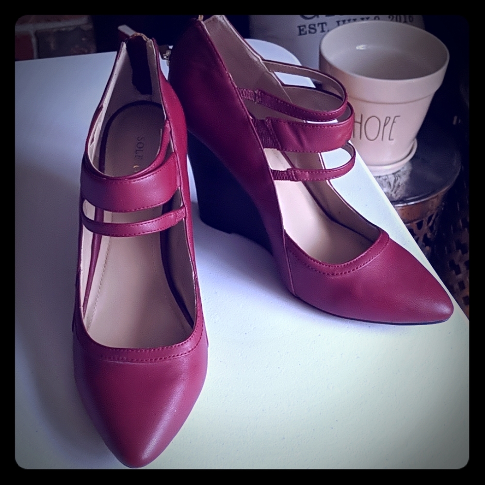 Burgundy red wedge pumps